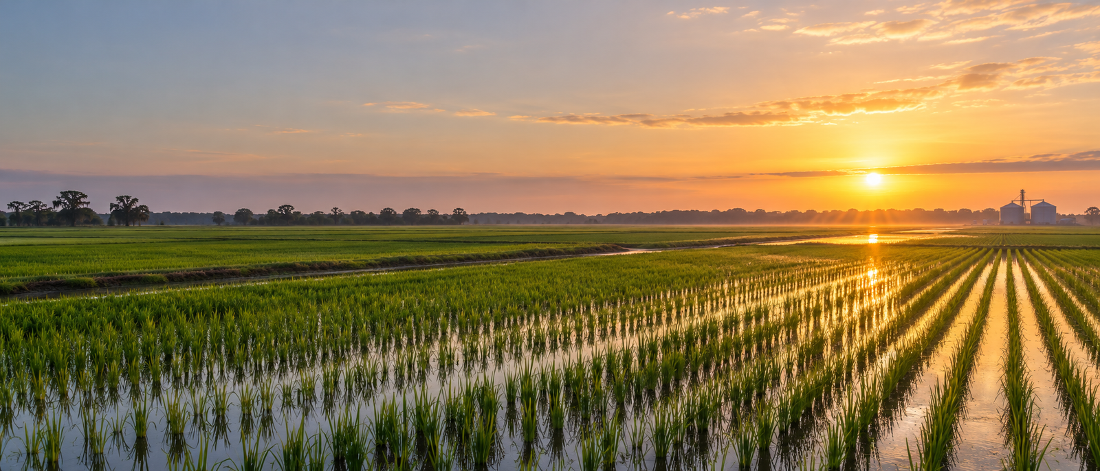Louisiana rice fields at sunrise with flooded rows and grain silos on the horizon